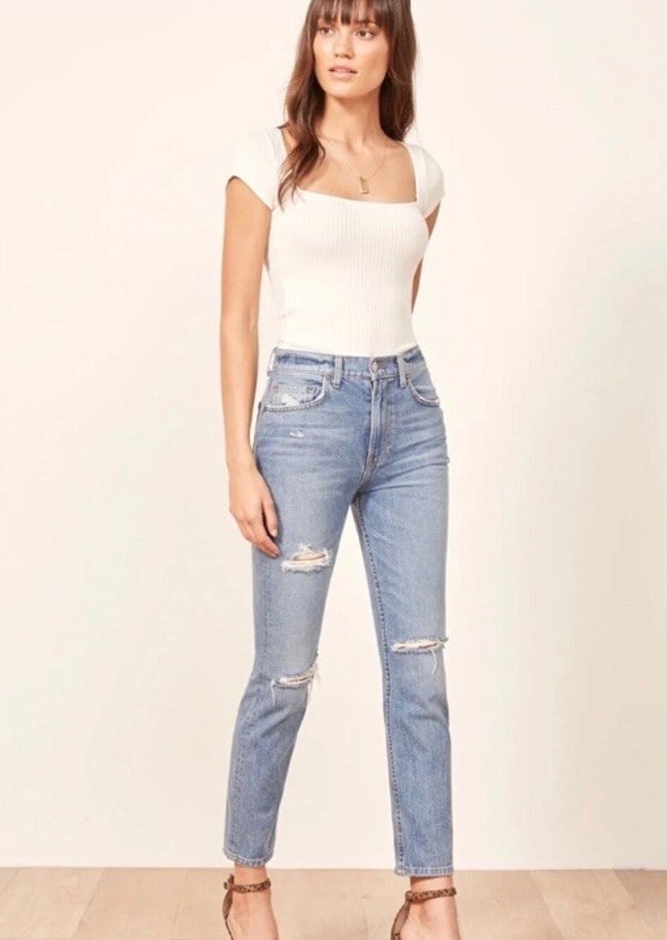 Reformation Julia Crop High Cigarette Jean High Rise Light Wash Distressed 28